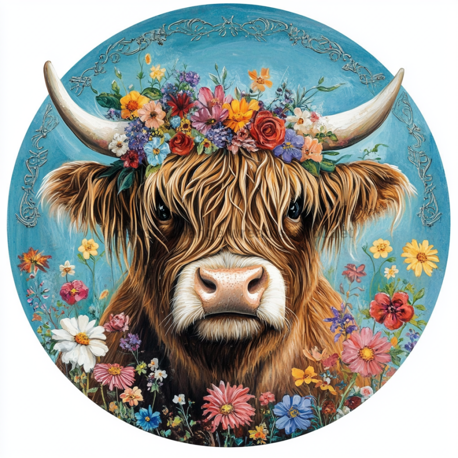 Spring Highland Cow Sign, DCO-13341, Sign For Wreath, 10" Metal Sign