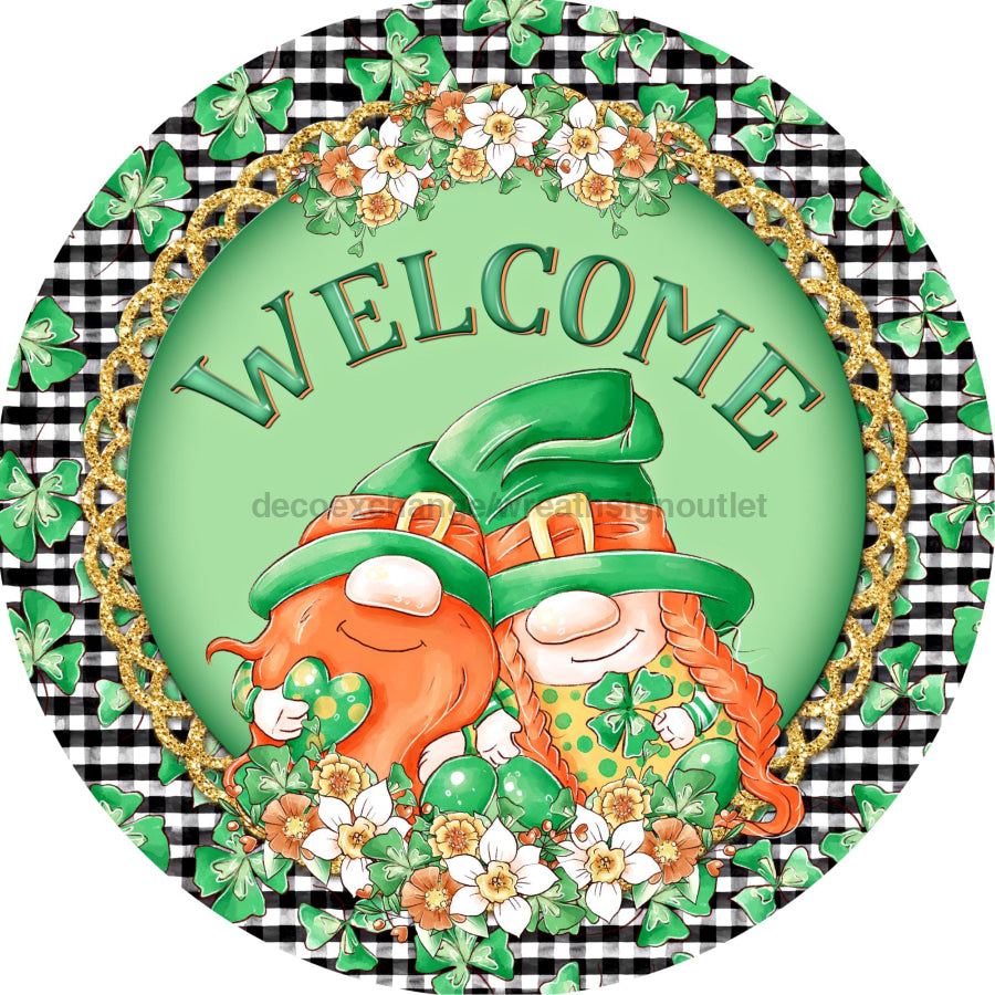 St Patricks Day Welcome Gnome 10" Metal Wreath Sign - DECOE-4777