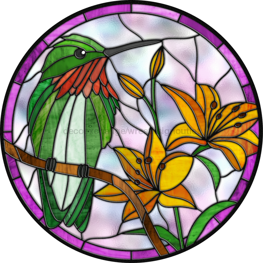 Stained Glass Sign, Hummingbird Sign, DECOE-4051, 10" Metal Round