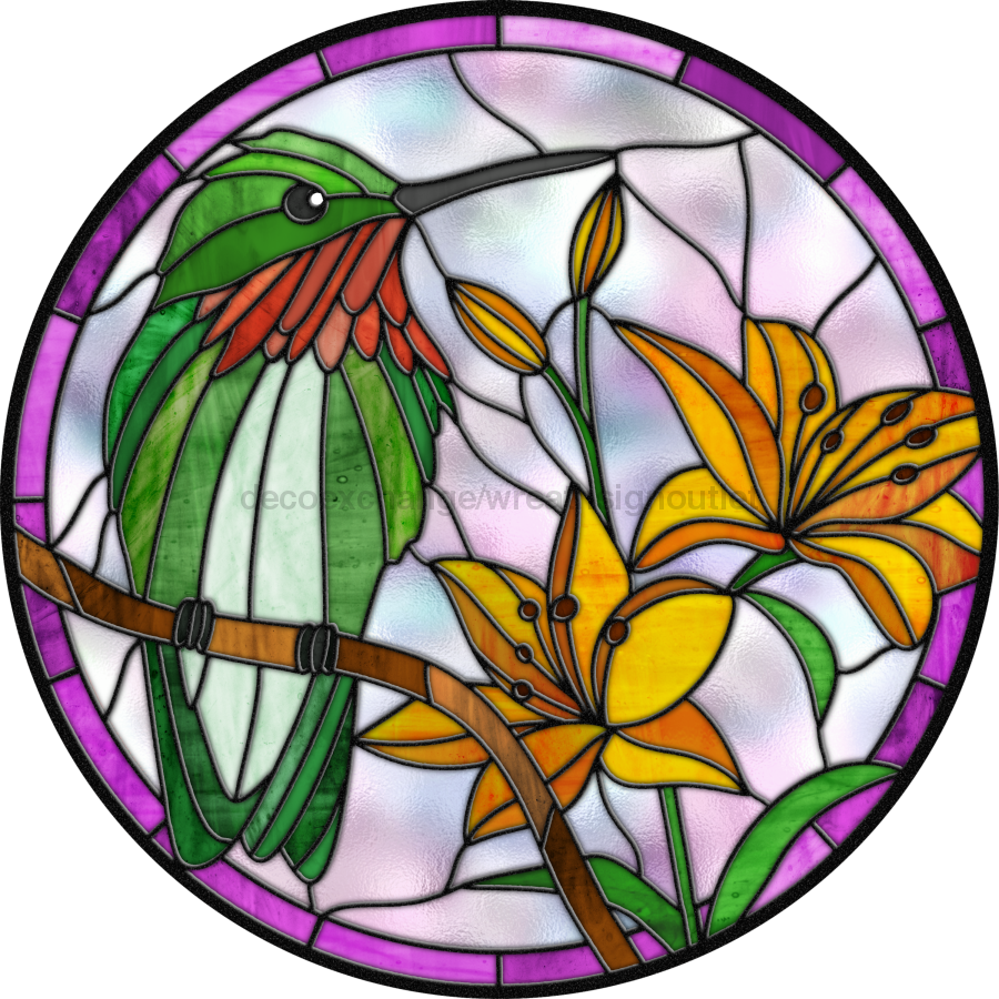 Stained Glass Sign, Hummingbird Sign, VINYL-DECOE-4051, 10" Vinyl Decal Round