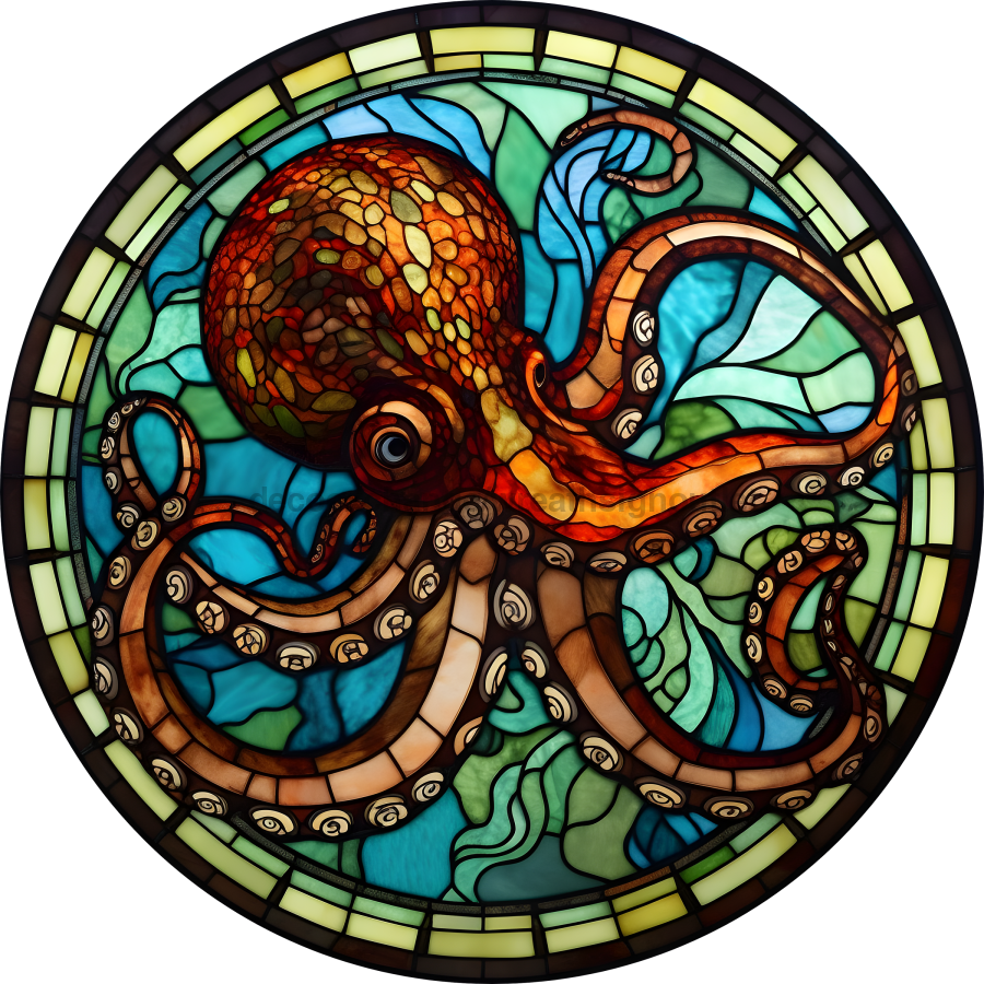 Stained Glass Octopus 10" Metal Wreath Sign - DECOE-5212