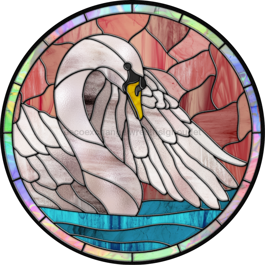 Stained Glass Sign, Swan Sign, DECOE-4039, 10" Metal Round