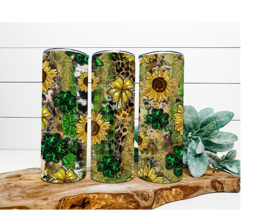 Sunflower and Clover Tumbler, Leopard and Glitter Tumbler 20 oz Skinny Tumbler - DECOETUMBLER-273