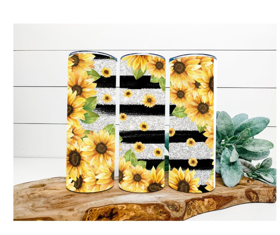 Sunflowers and Stripes Tumbler, Yellow, Black and White Tumbler 20 oz Skinny Tumbler - DECOETUMBLER-244