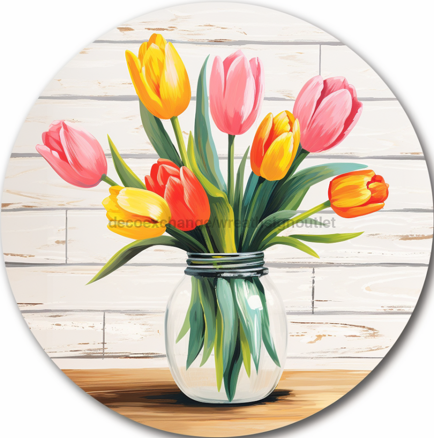 Tulip Door Hanger, DCO-00852-DH, Sign For Wreath, 18" Round Door Hanger - DecoExchange®