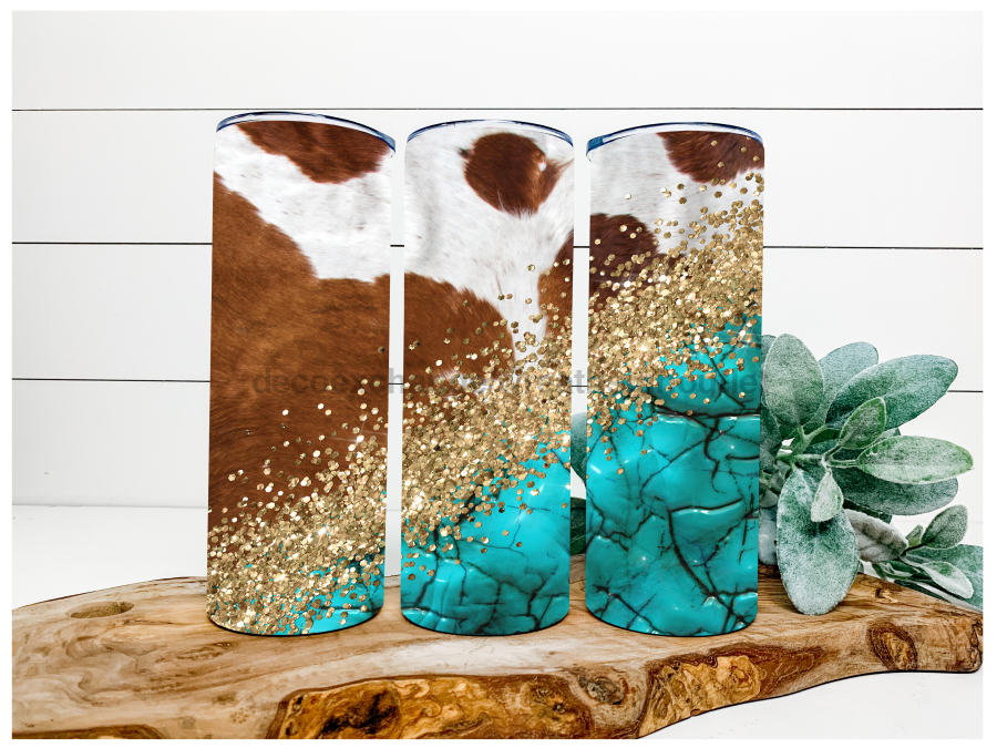 Turquoise Cow Tumbler, 20 oz Skinny Tumbler - DECOETUMBLER-083