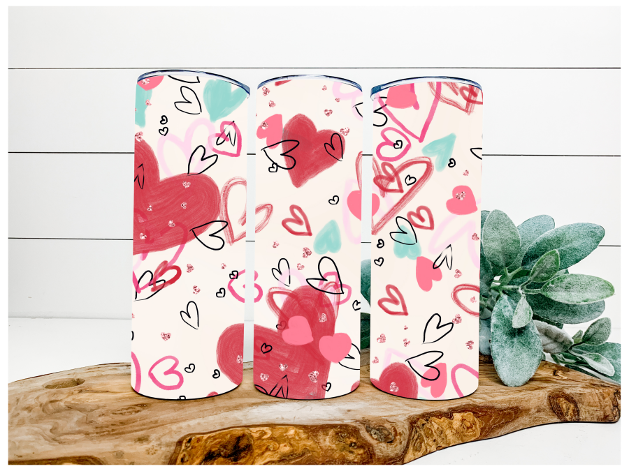 Valentine Doodle Hearts Tumbler, 20 oz Skinny Tumbler - DECOETUMBLER-127
