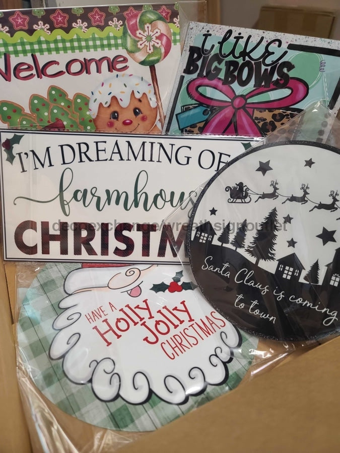 Variety 5 Pack of Christmas Signs, Metal Signs DECOE-998, Sign For Wreaths - DecoExchange