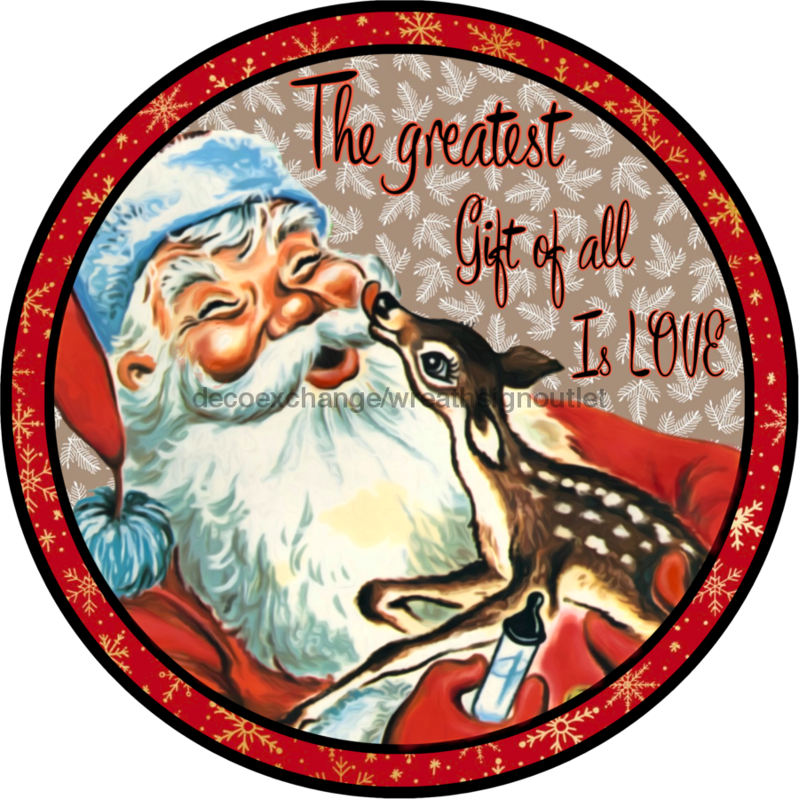 Wreath Sign, Vintage Christmas Sign, Santa and Deer Sign, 10" Round Metal Sign DECOE-837, Sign For Wreath, DecoExchange - DecoExchange