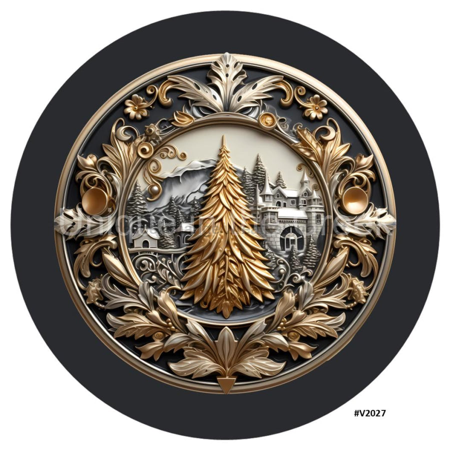 3D METALLIC CHRISTMAS TREE GOLD/PEWTER/BLACK V2027 10.5" Vinyl Wreath Sign - UTIC-VINYL-V2027