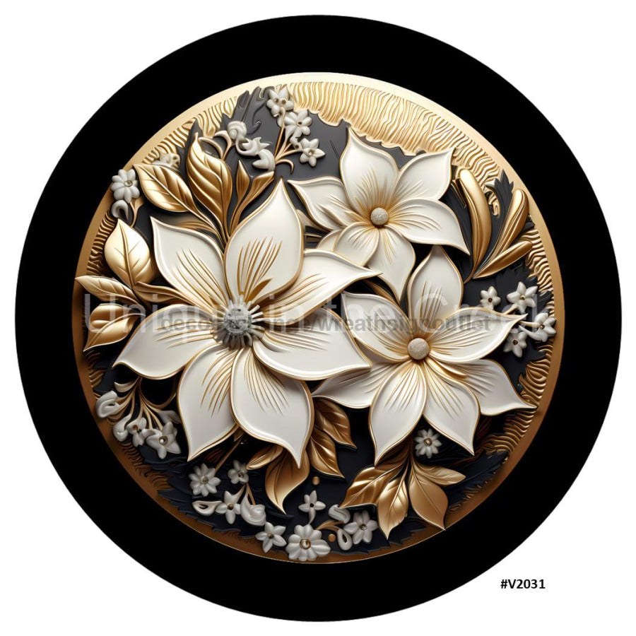 3D METALLIC POINSETTIA GOLD/PEWTER/IVORY/BLACK V2031 10.5" Vinyl Wreath Sign - UTIC-VINYL-V2031