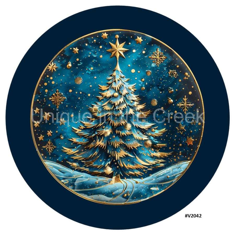 3D LOOKING CHRISTMAS TREE BLUE/GOLD V2042 10.5" Vinyl Wreath Sign - UTIC-VINYL-V2042