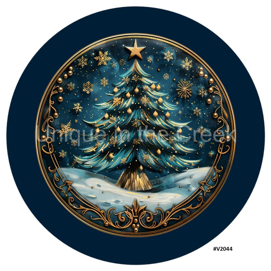 3D LOOKING CHRISTMAS TREE BLUE/GOLD V2044 10.5" Vinyl Wreath Sign - UTIC-VINYL-V2044
