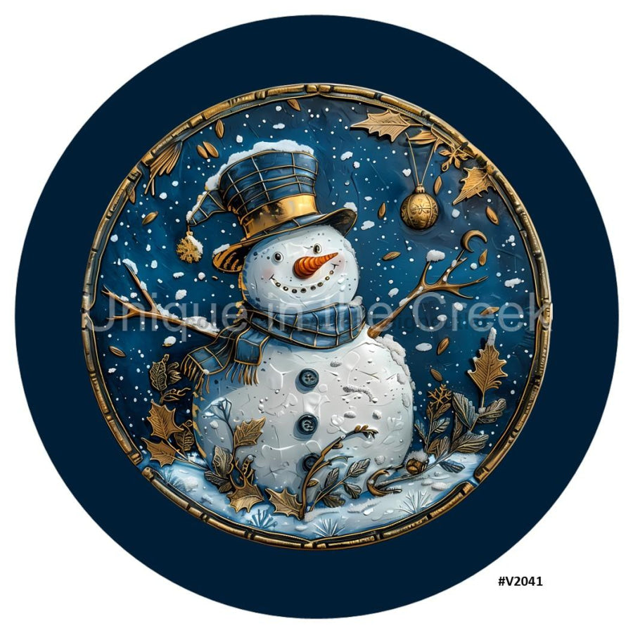 3D LOOKING SNOWMAN BLUE/GOLD V2041 10.5" Vinyl Wreath Sign - UTIC-VINYL-V2041