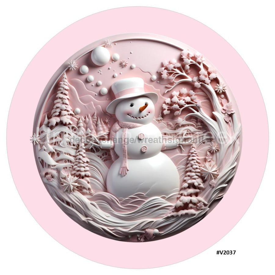3D LOOKING SNOWMAN PINK/WHITE V2037 10.5" Vinyl Wreath Sign - UTIC-VINYL-V2037