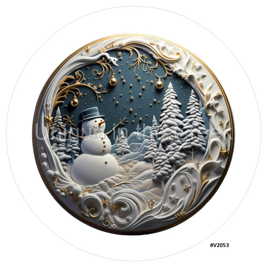 3D LOOKING SNOWMAN SCENERY GOLD/CREAM/SMOKE BLUE V2053 10.5" Vinyl Wreath Sign - UTIC-VINYL-V2053