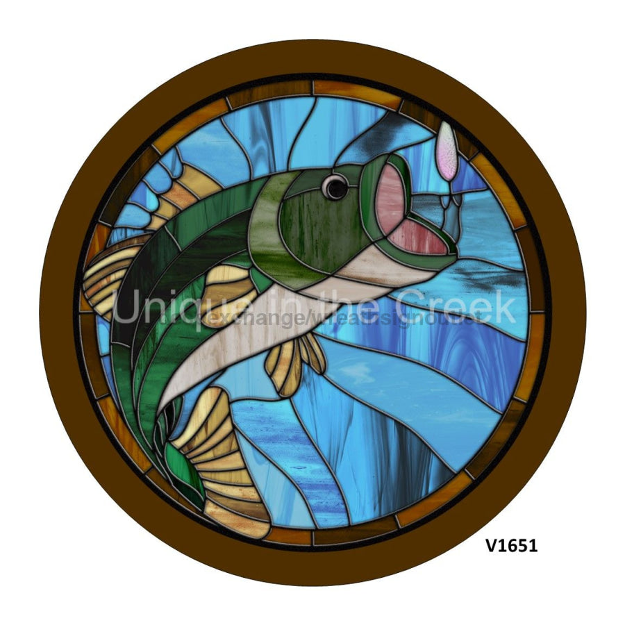 BASS FISH / FISH HOOK STAINED GLASS LOOK EVERYDAY 10.5" Vinyl Wreath Sign - UTIC-VINYL-V1651