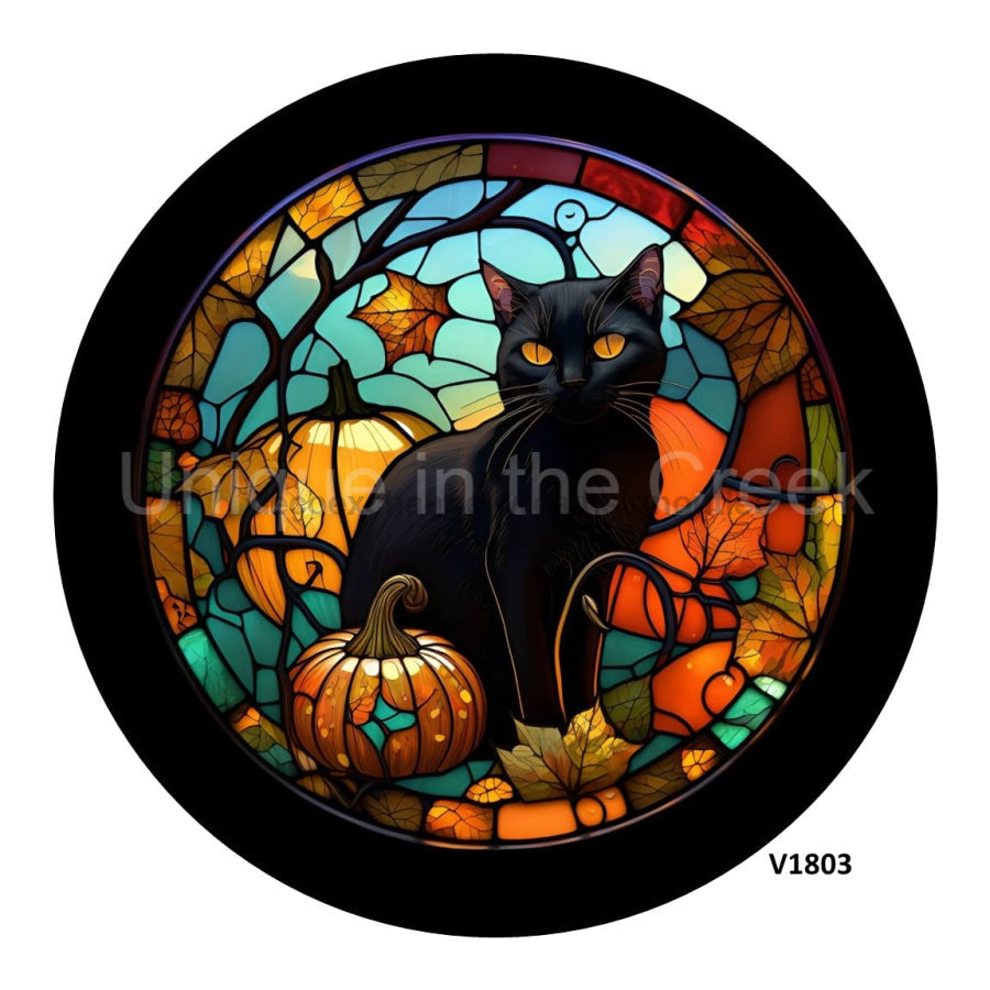 BLACK CAT STAINED GLASS FALL HALLOWEEN 10.5" Vinyl Wreath Sign - UTIC-VINYL-V1803