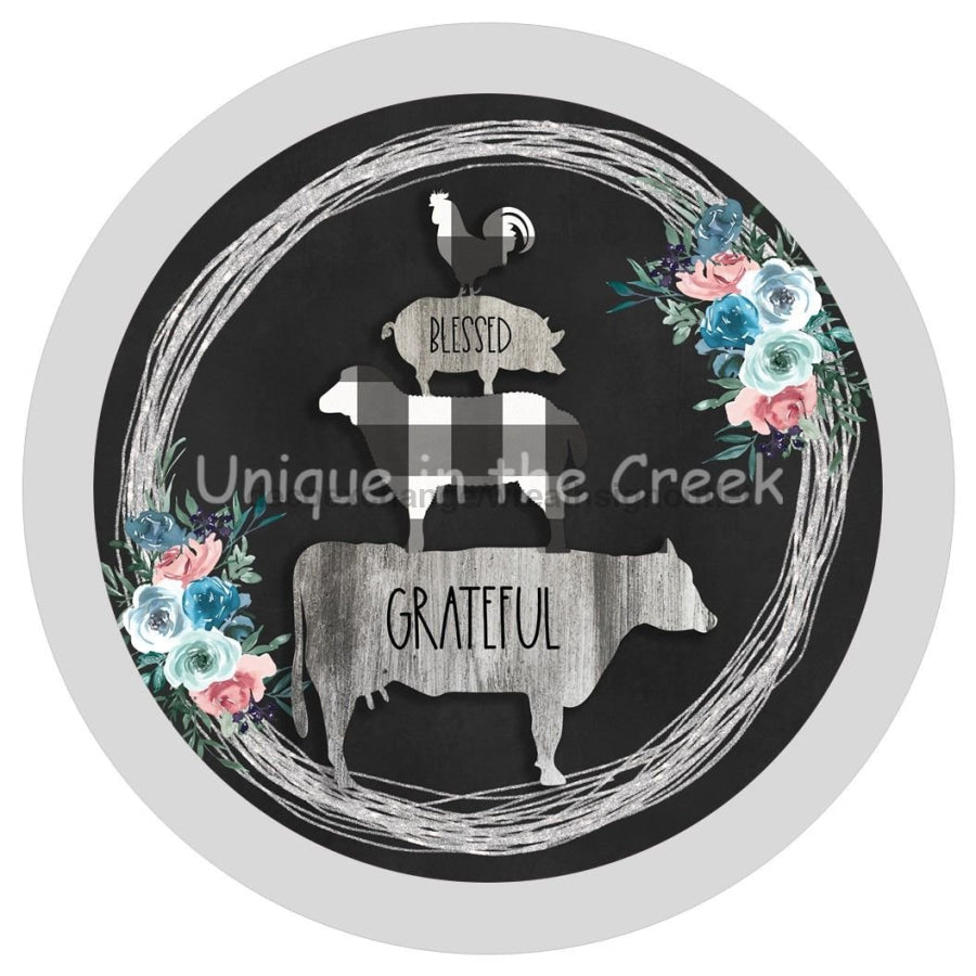 BLESSED GRATEFUL FARM ANIMAL BUFFALO PLAID EVERYDAY 10.5" Vinyl Wreath Sign - UTIC-VINYL-V1074
