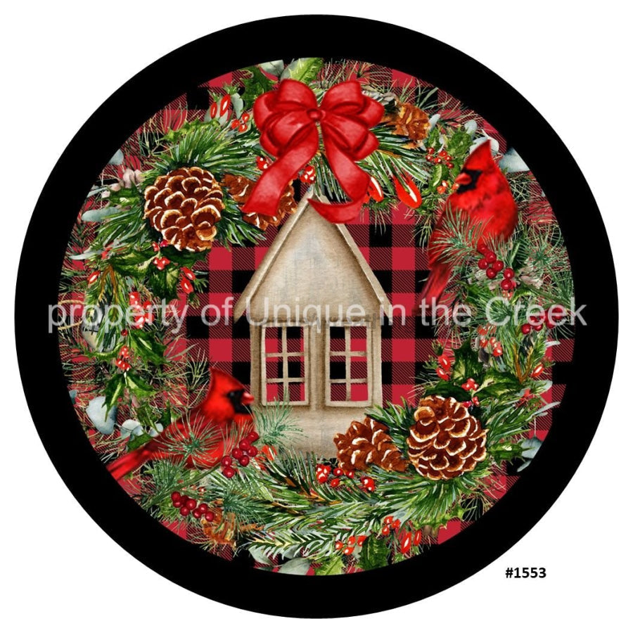 Cardinal Greenery Bird House Christmas Winter 10.5" Vinyl Wreath Sign - UTIC-VINYL-V1553