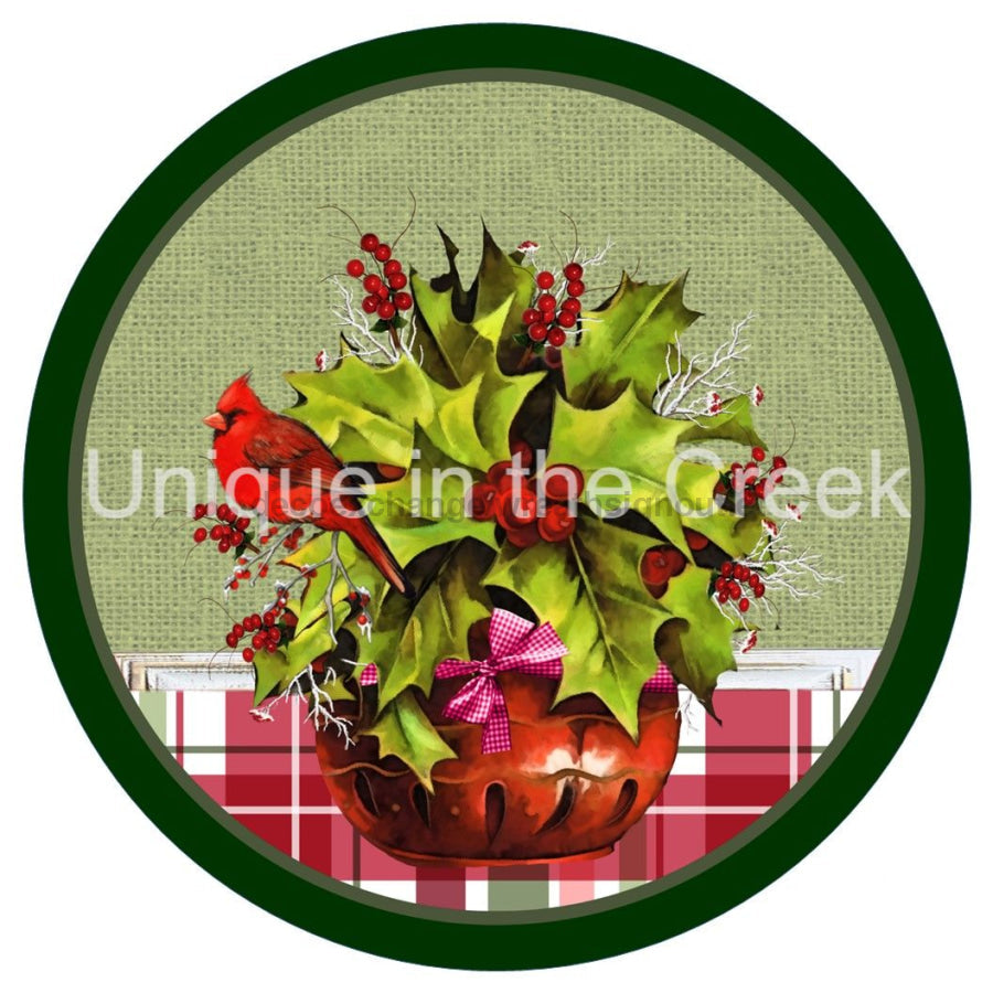 CARDINAL HOLLY CHECK CHRISTMAS WINTER 10.5" Vinyl Wreath Sign - UTIC-VINYL-V1233