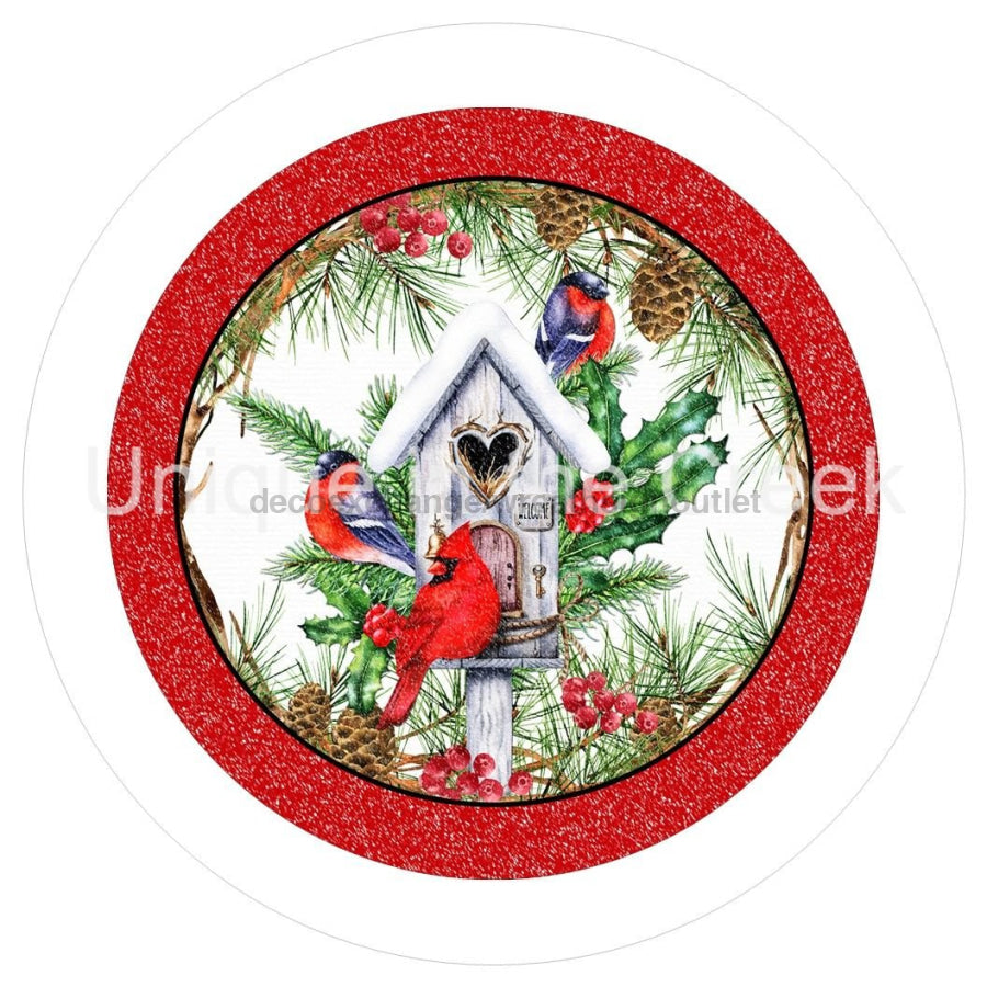 CHRISTMAS BIRDHOUSE CARDINALS WINTER 10.5" Vinyl Wreath Sign - UTIC-VINYL-V1344