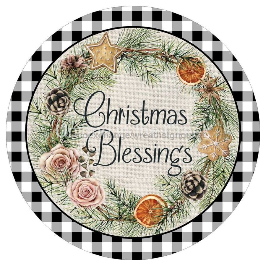 CHRISTMAS BLESSINGS FOLIAGE WHITE BLACK BUFFALO CHECK 10.5" Vinyl Wreath Sign - UTIC-VINYL-V1361