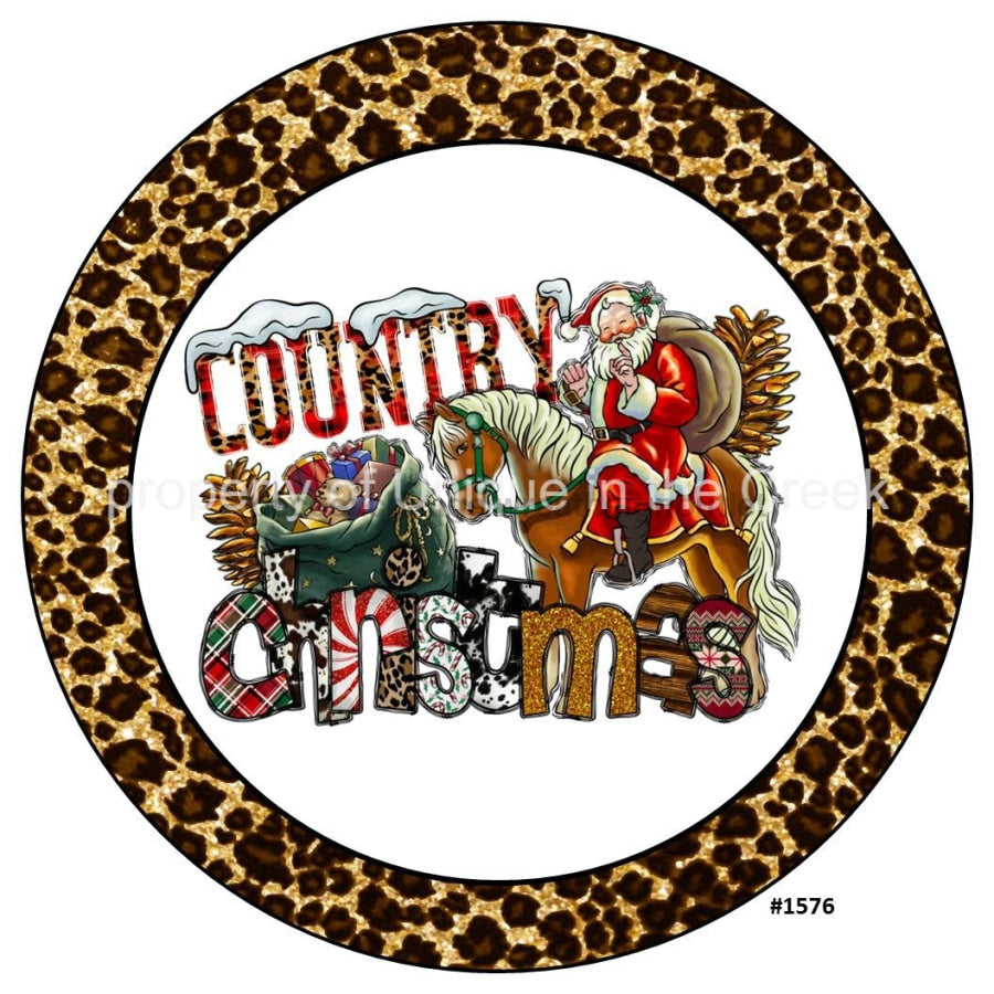 Country Christmas Santa Horse Leopard Print 10.5" Vinyl Wreath Sign - UTIC-VINYL-V1576