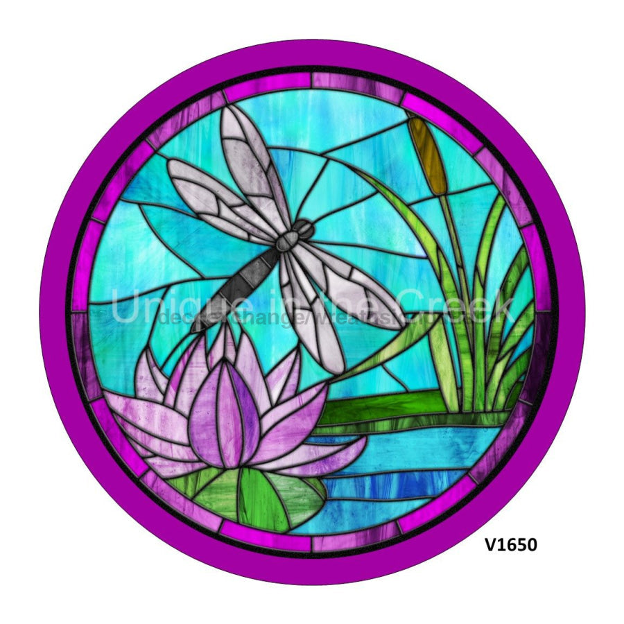 DRAGONFLY LILY PAD / CATTAIL STAINED GLASS LOOK SPRING EVERDAY 10.5" Vinyl Wreath Sign - UTIC-VINYL-V1650