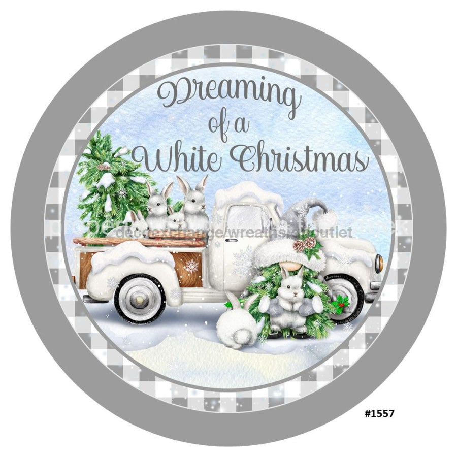 Dreaming White Christmas Bunnies / Truck Check Winter 10.5" Vinyl Wreath Sign - UTIC-VINYL-V1557