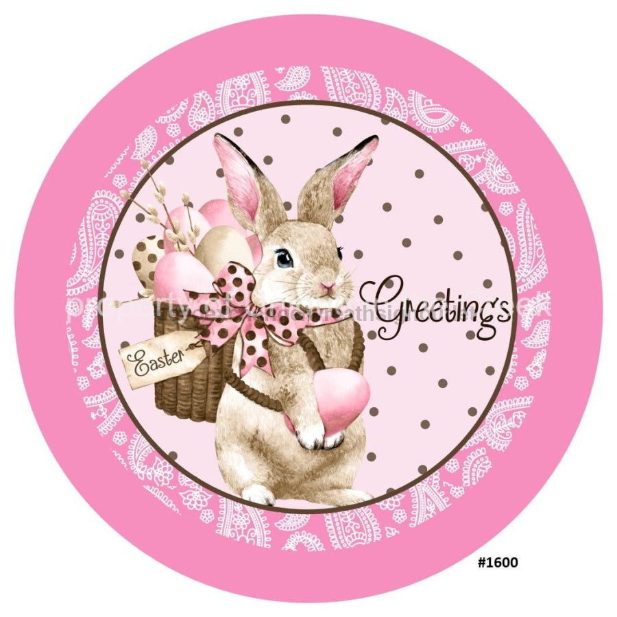 Easter Greetings Bunny Rabbit Basket of Eggs 10.5" Vinyl Wreath Sign - UTIC-VINYL-V1600