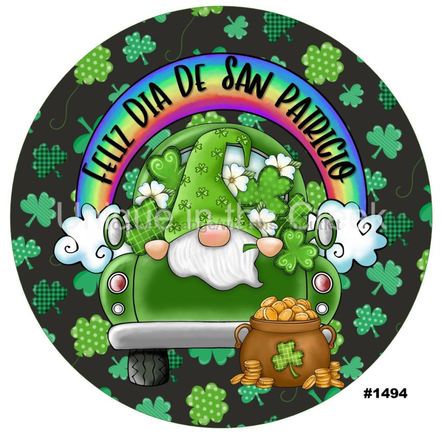 FELIZ DIA SAN PATRICIO GNOME TRUCK SPANISH SPRING 10.5" Vinyl Wreath Sign - UTIC-VINYL-V1494