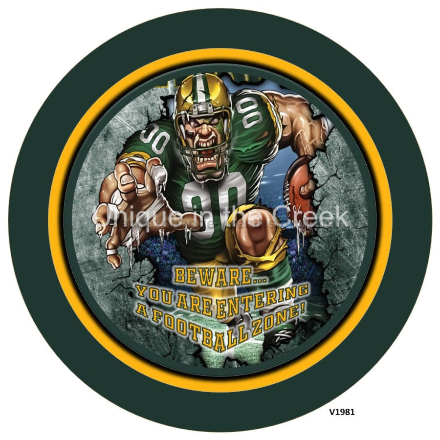 GB Football DK. GREEN/GOLD Beware...you are entering a football zone Sports 10.5" Vinyl Wreath Sign - UTIC-VINYL-V1981