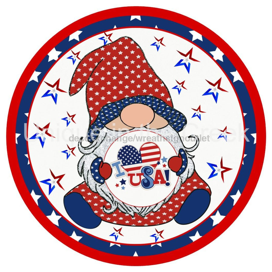 GNOME I LOVE USA RED WHITE BLUE PATRIOTIC 10.5" Vinyl Wreath Sign - UTIC-VINYL-V1219