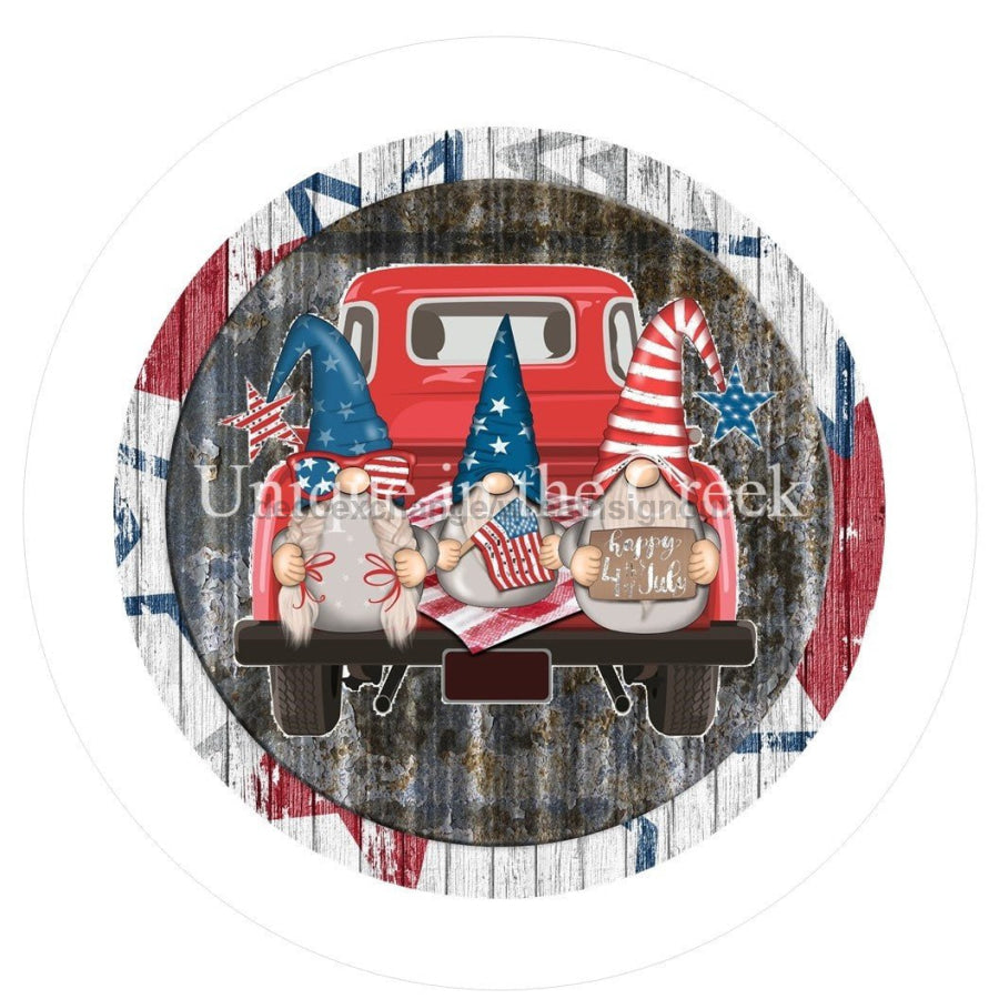 GNOME RED TRUCK PATRIOTIC RED WHITE BLUE 4TH OF JULY SUMMER 10.5" Vinyl Wreath Sign - UTIC-VINYL-V720