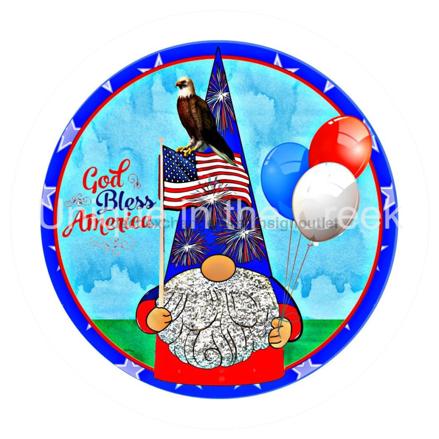 GOD BLESS AMERICA RED WHITE BLUE GNOME EAGLE USA PATRIOTIC 10.5" Vinyl Wreath Sign - UTIC-VINYL-V1241