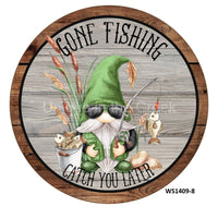 Thumbnail for GONE FISHING GNOME / FISH / CATTAILS ON EVERYDAY 10.5" Vinyl Wreath Sign - UTIC-VINYL-V1409