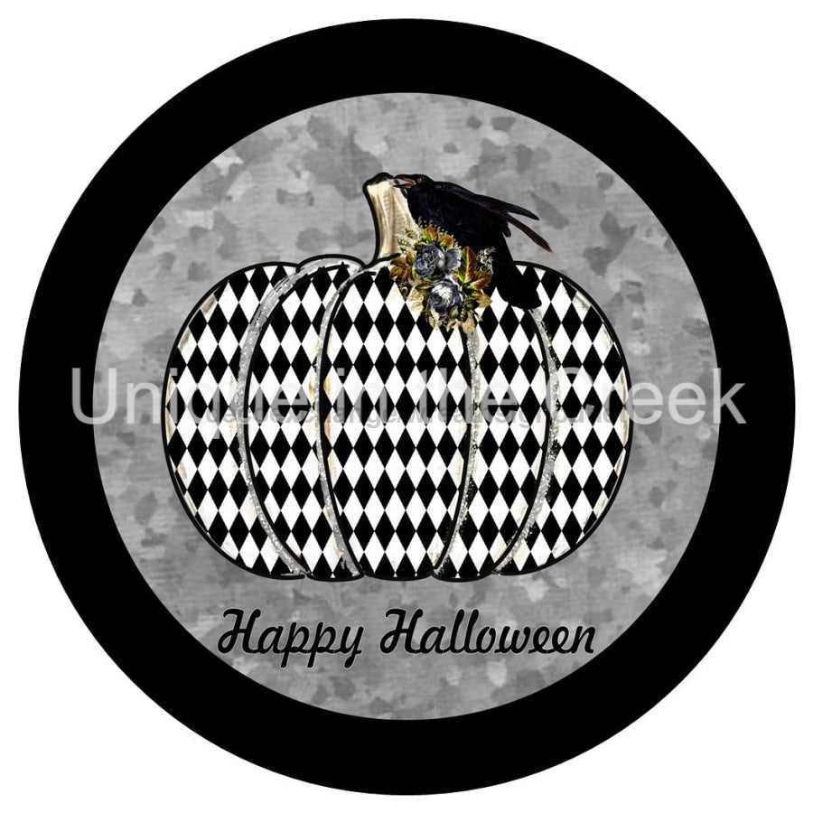 HAPPY HALLOWEEN BLACK WHITE PUMPKIN HOUNDSTOOTH AUTUMN FALL 10.5" Vinyl Wreath Sign - UTIC-VINYL-V1235