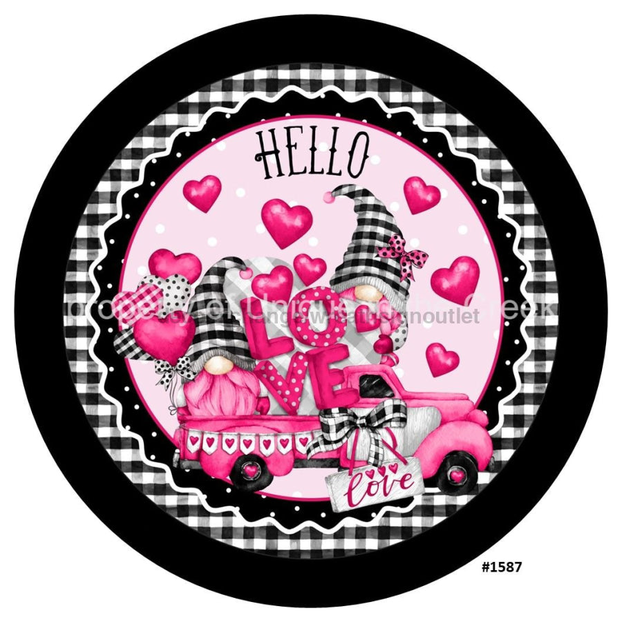 Hello Love Gnomes Love Truck Valentines 10.5" Vinyl Wreath Sign - UTIC-VINYL-V1587