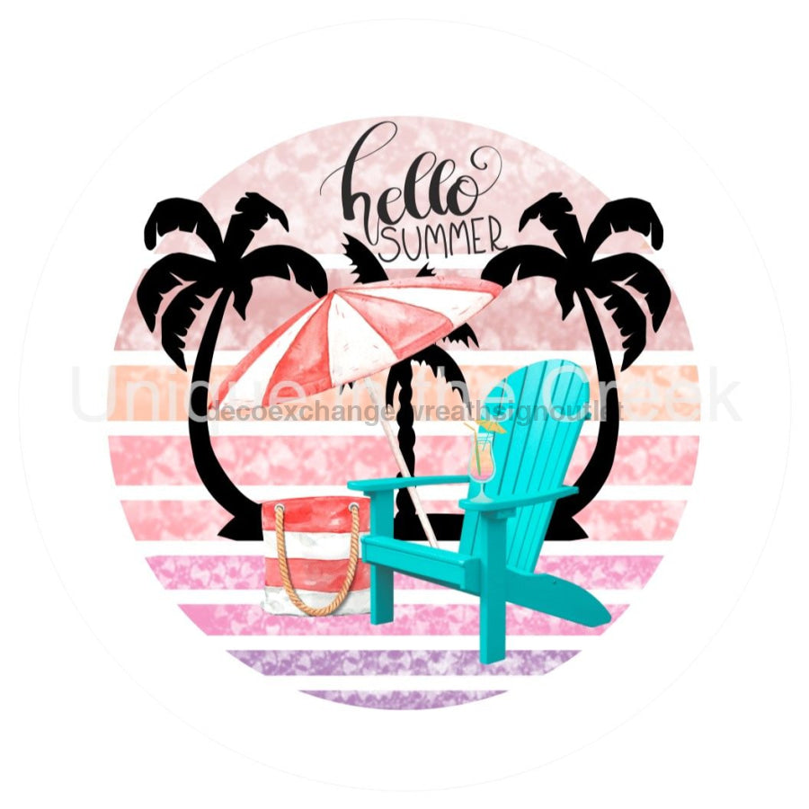 HELLO SUMMER BEACH UMBRELLA PALM TREES 10.5" Vinyl Wreath Sign - UTIC-VINYL-V1326