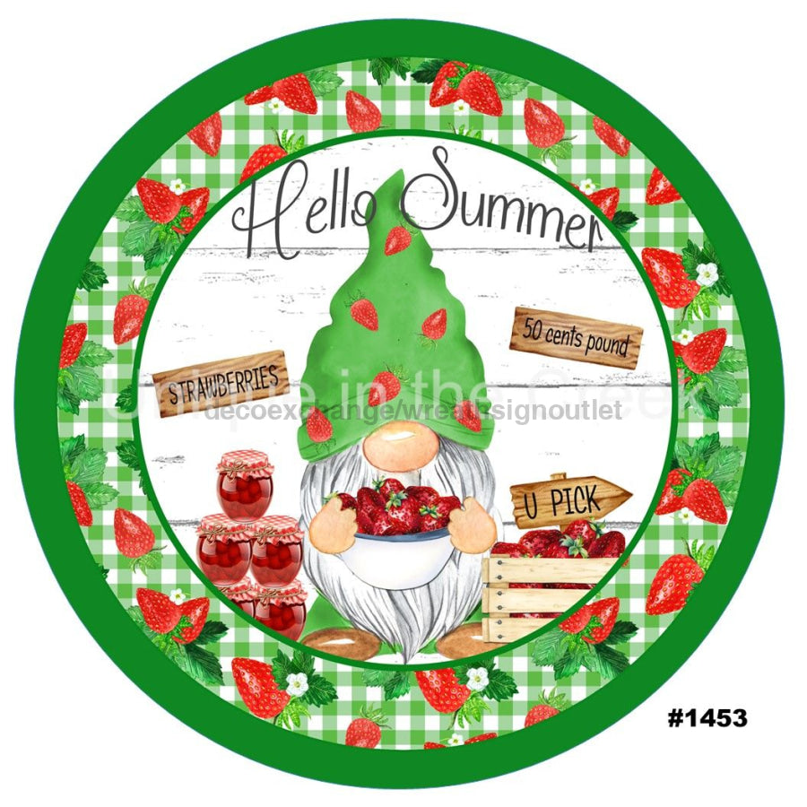 HELLO SUMMER STRAWBERRY GNOME 10.5" Vinyl Wreath Sign - UTIC-VINYL-V1453