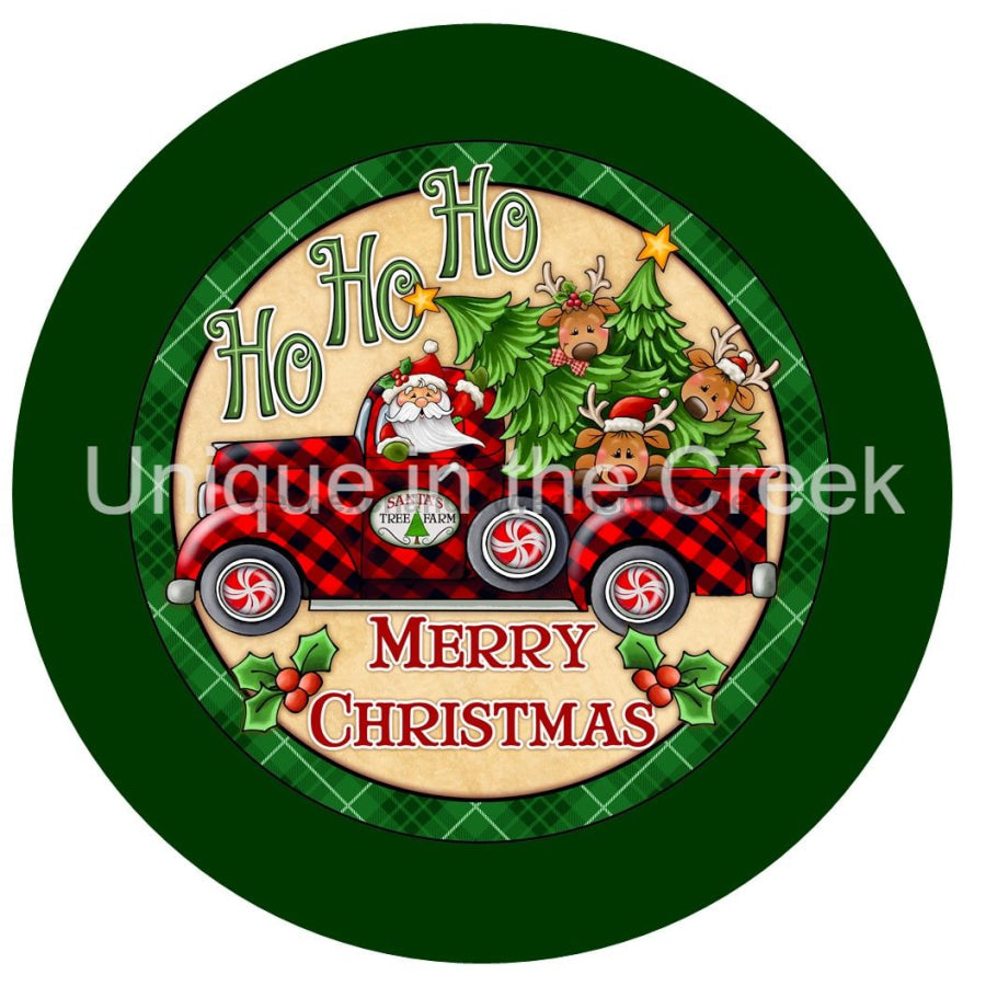 HO HO HO MERRY CHRISTMAS TREE TRUCK CHECK 10.5" Vinyl Wreath Sign - UTIC-VINYL-V1286