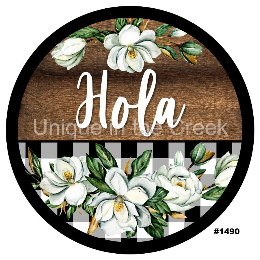 HOLA MAGNOLIA SPANISH SUMMER SPRING BUFFALO PLAID 10.5" Vinyl Wreath Sign - UTIC-VINYL-V1490