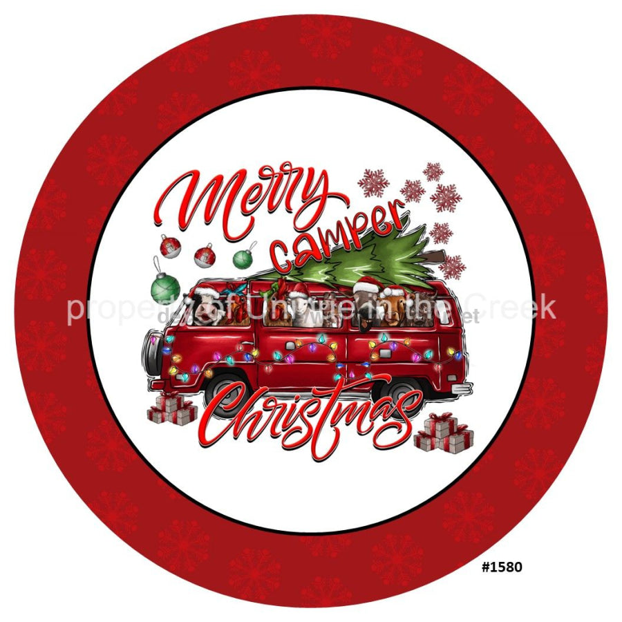 Merry Camper Christmas Tree / Gifts Camper Van Farm Animals 10.5" Vinyl Wreath Sign - UTIC-VINYL-V1580