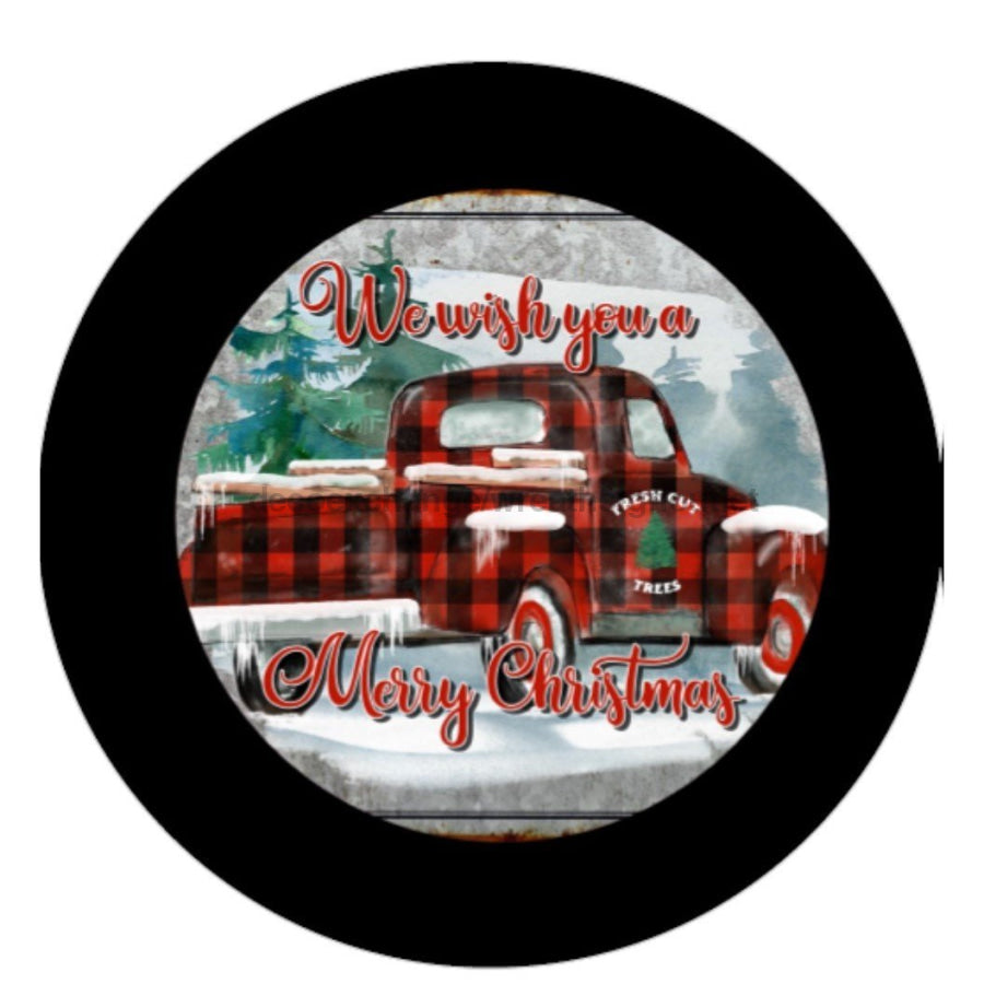 Merry Christmas Buffalo Check Truck Winter 10.5" Vinyl Wreath Sign - UTIC-VINYL-V628