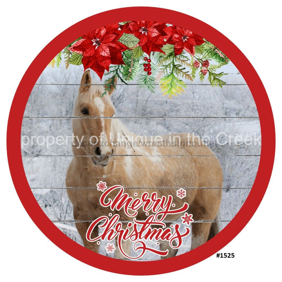Merry Christmas Horse Poinsettia 10.5" Vinyl Wreath Sign - UTIC-VINYL-V1525