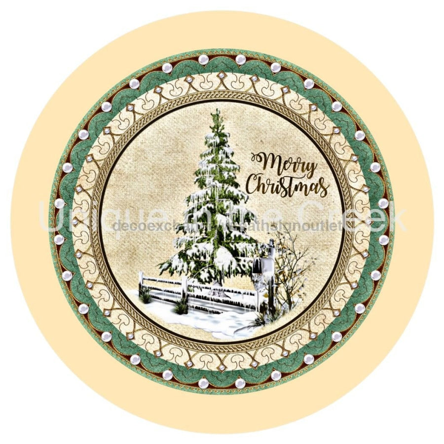 MERRY CHRISTMAS SNOW RUSTIC FENCE TREE ELEGANT WINTER 10.5" Vinyl Wreath Sign - UTIC-VINYL-V1243