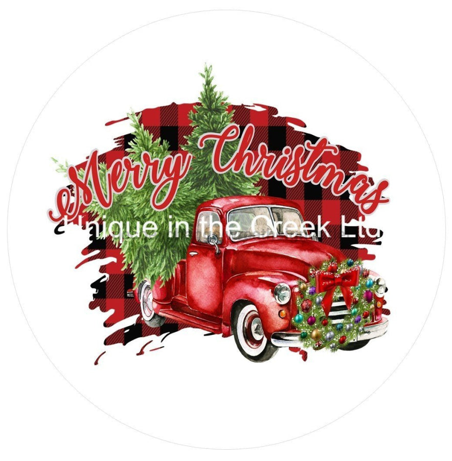 Merry Christmas Truck Buffalo Check Winter 10.5" Vinyl Wreath Sign - UTIC-VINYL-V686