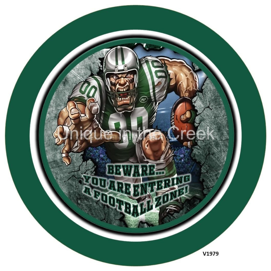 NY Football DK. GREEN/BLACK/WHITE Beware...you are entering a football zone Sports 10.5" Vinyl Wreath Sign - UTIC-VINYL-V1979