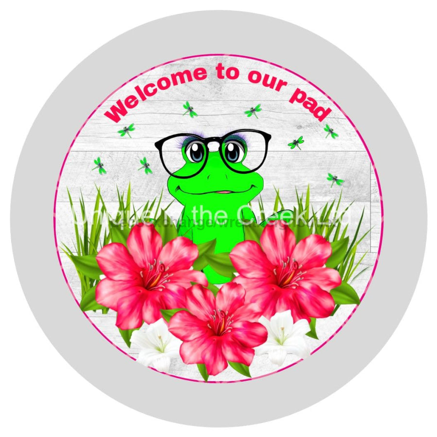 OUR PAD WELCOME FFLORAL EVERYDAY SUMMER FROG SPRING 10.5" Vinyl Wreath Sign - UTIC-VINYL-V1108